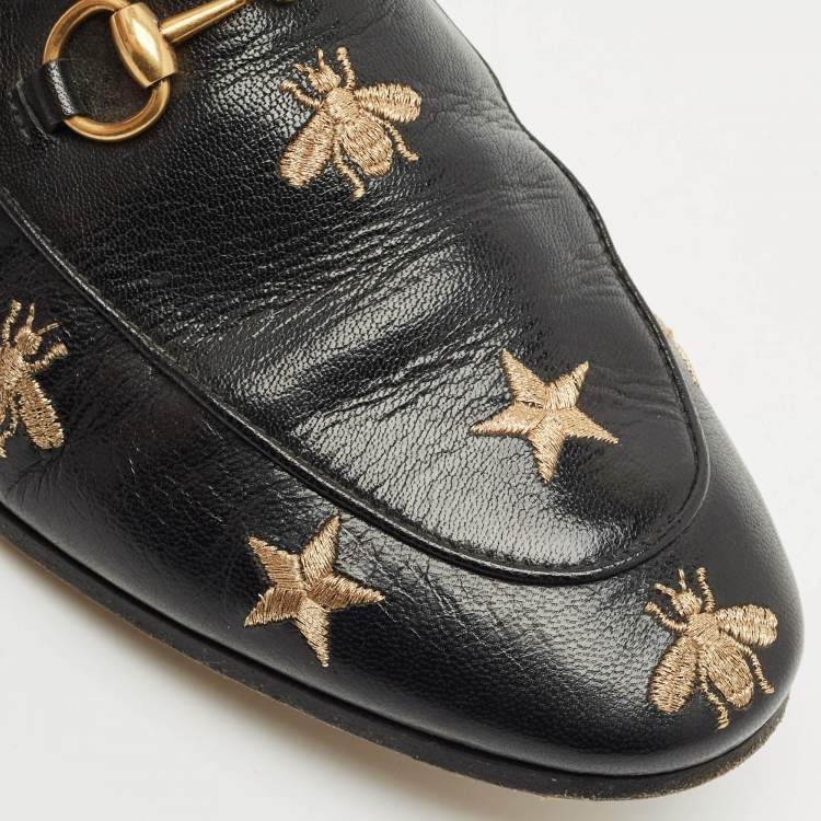 Pre Owned Gucci Black Leather Embroidered Star Bee Horsebit Jordaan Loafers Size 41