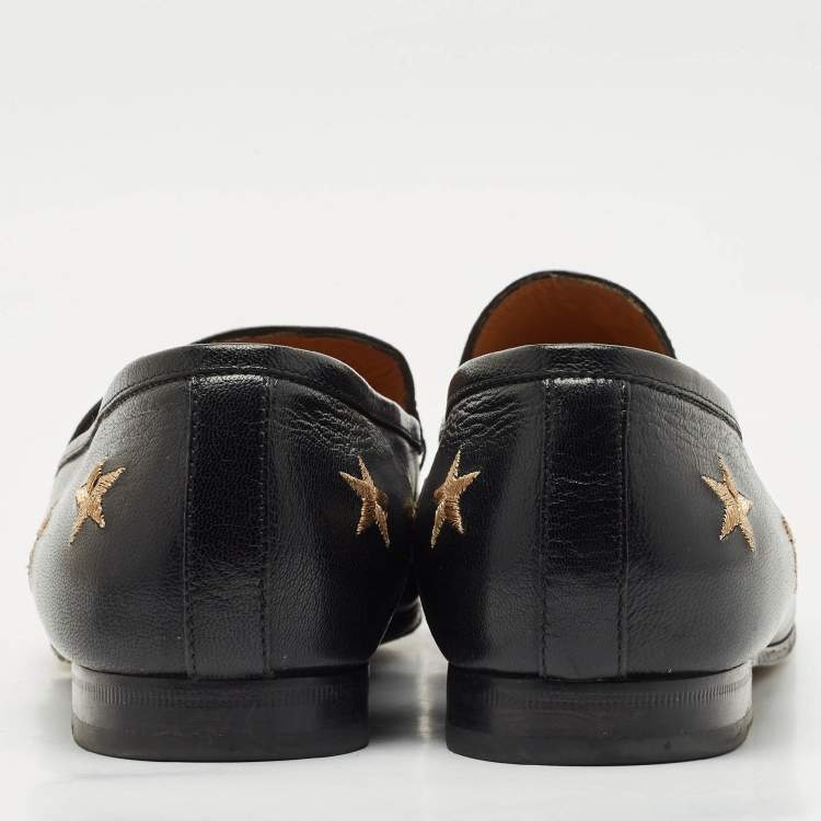 Pre Owned Gucci Black Leather Embroidered Star Bee Horsebit Jordaan Loafers Size 41