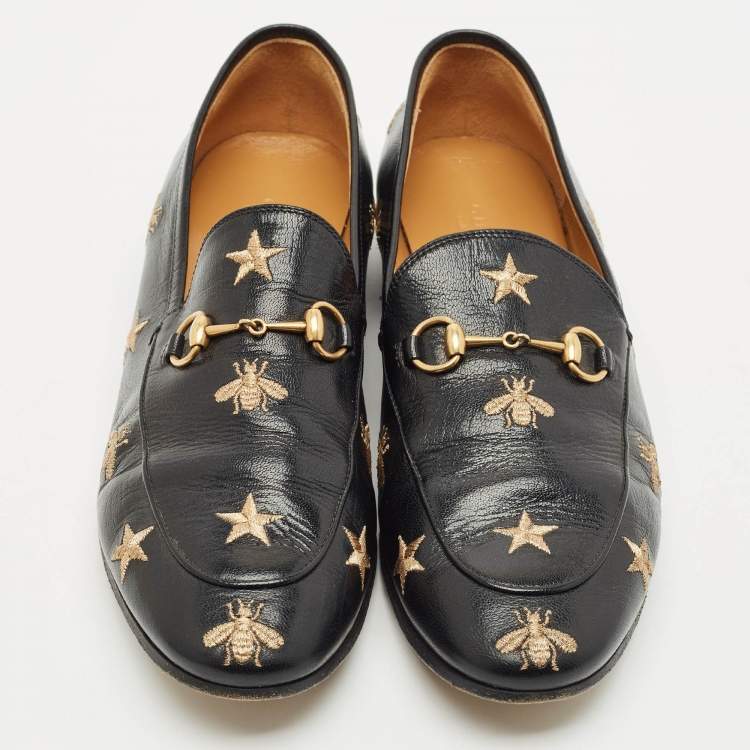Pre Owned Gucci Black Leather Embroidered Star Bee Horsebit Jordaan Loafers Size 41