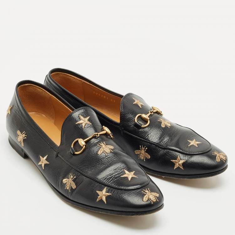 Pre Owned Gucci Black Leather Embroidered Star Bee Horsebit Jordaan Loafers Size 41
