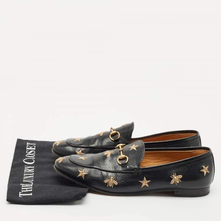 Pre Owned Gucci Black Leather Embroidered Star Bee Horsebit Jordaan Loafers Size 41