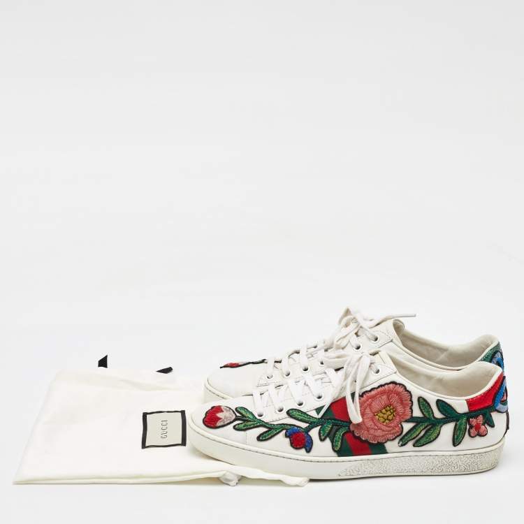 Pre Owned Gucci White Leather Ace Floral Embroidered Low Top Sneakers Size 40