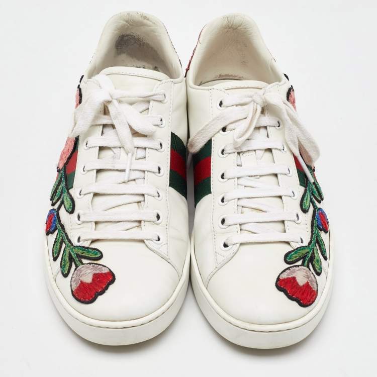 Pre Owned Gucci White Leather Ace Floral Embroidered Low Top Sneakers Size 40