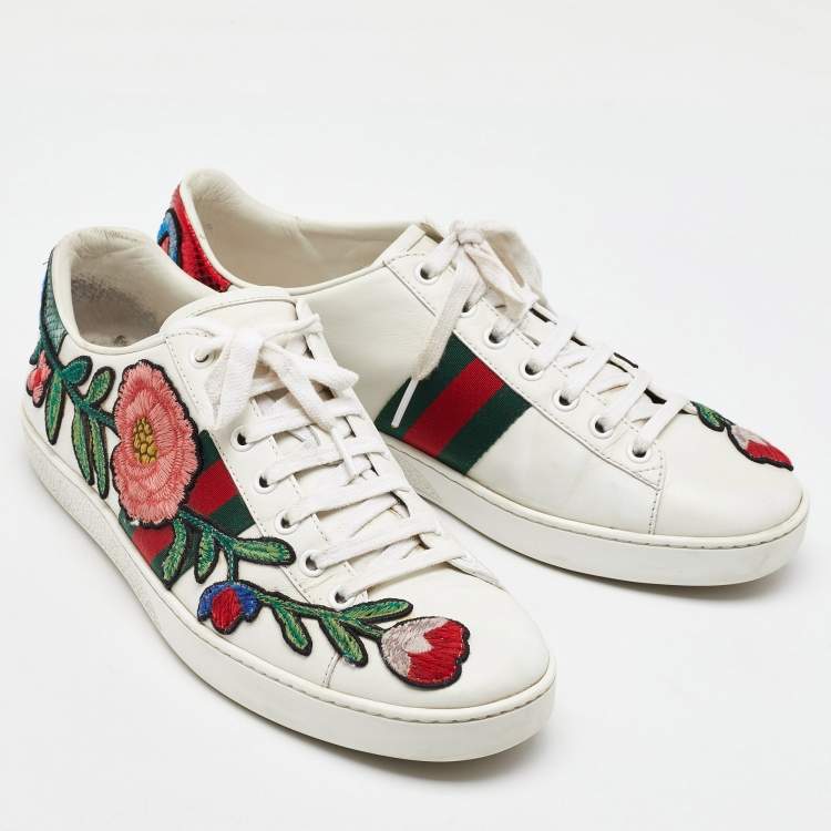 Pre Owned Gucci White Leather Ace Floral Embroidered Low Top Sneakers Size 40