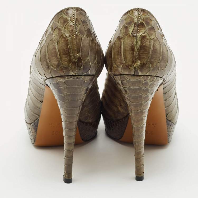 Pre Owned Gucci Olive Green Python Leather Platform Pumps Size 36.5