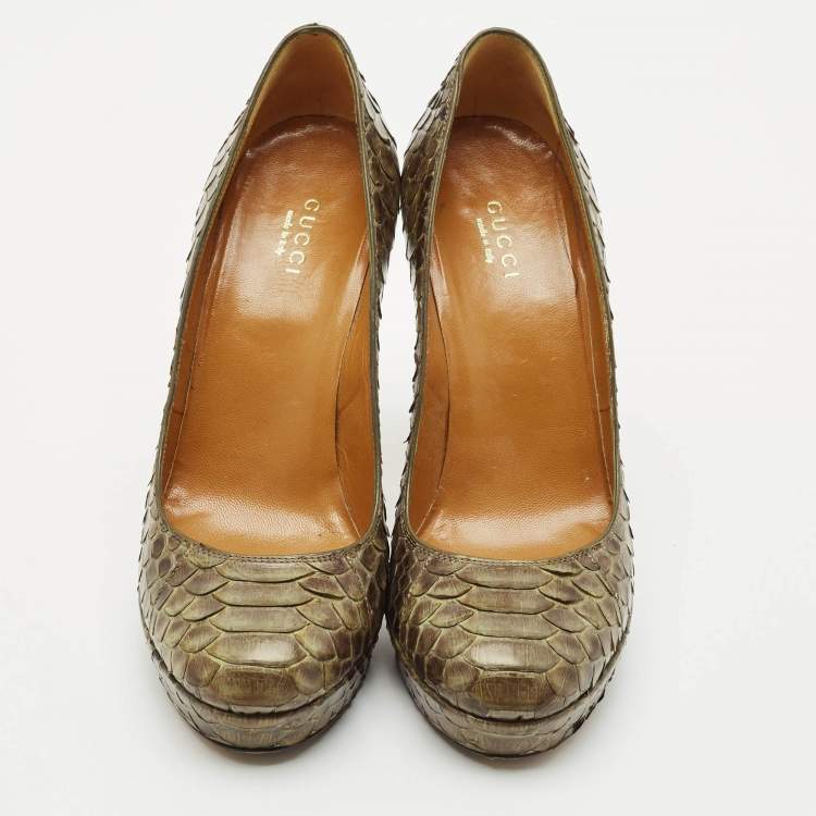 Pre Owned Gucci Olive Green Python Leather Platform Pumps Size 36.5