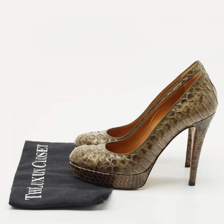 Pre Owned Gucci Olive Green Python Leather Platform Pumps Size 36.5