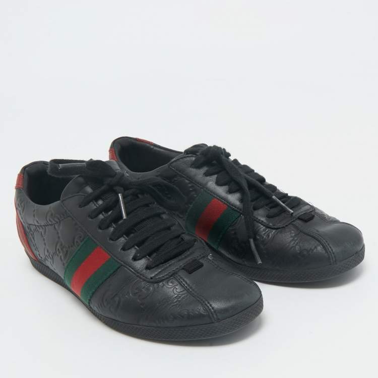 Pre Owned Gucci Black Guccissima Leather Web Detail Lace Up Sneakers Size 36