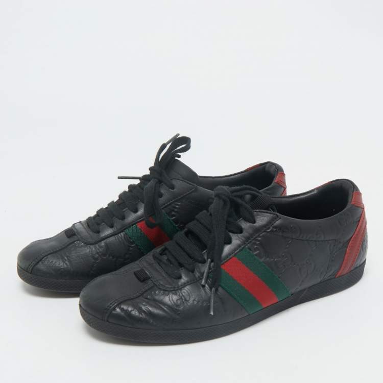 Pre Owned Gucci Black Guccissima Leather Web Detail Lace Up Sneakers Size 36