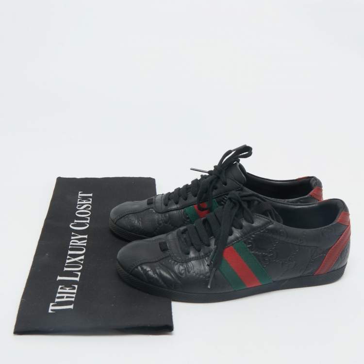 Pre Owned Gucci Black Guccissima Leather Web Detail Lace Up Sneakers Size 36