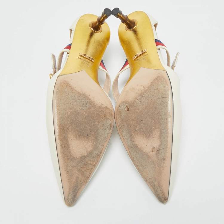 Pre Owned Gucci Cream Leather Sylvie Web Strap Bamboo Heel Unia Pumps Size 37.5