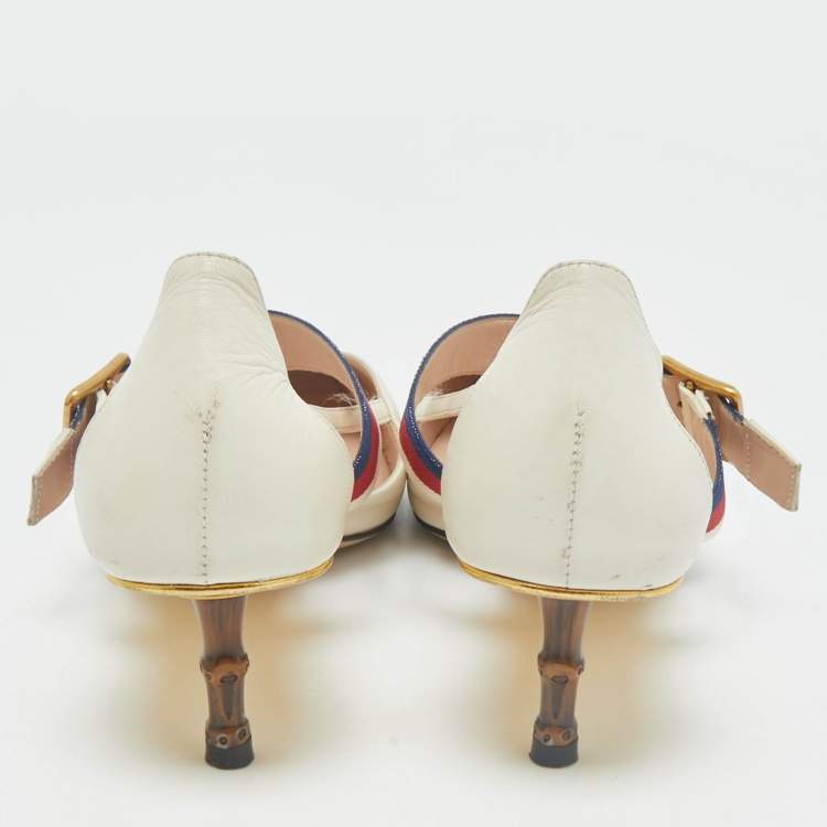 Pre Owned Gucci Cream Leather Sylvie Web Strap Bamboo Heel Unia Pumps Size 37.5