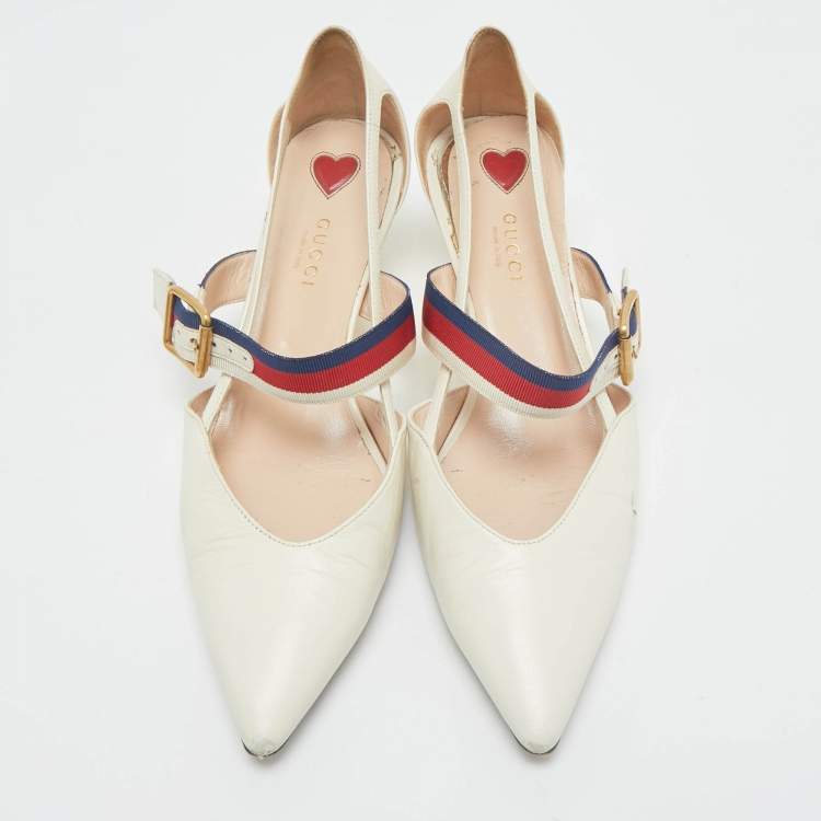 Pre Owned Gucci Cream Leather Sylvie Web Strap Bamboo Heel Unia Pumps Size 37.5