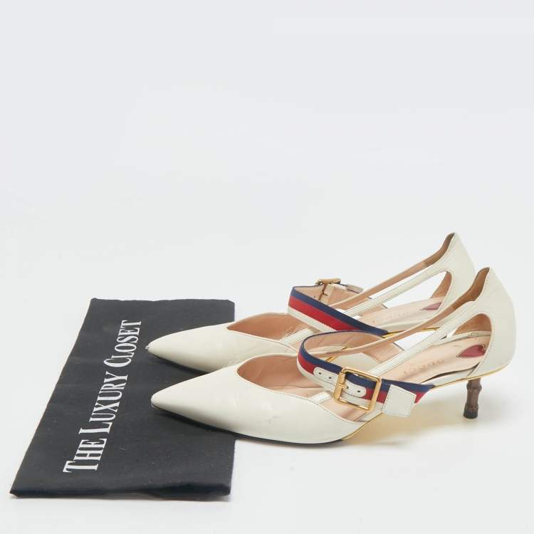 Pre Owned Gucci Cream Leather Sylvie Web Strap Bamboo Heel Unia Pumps Size 37.5