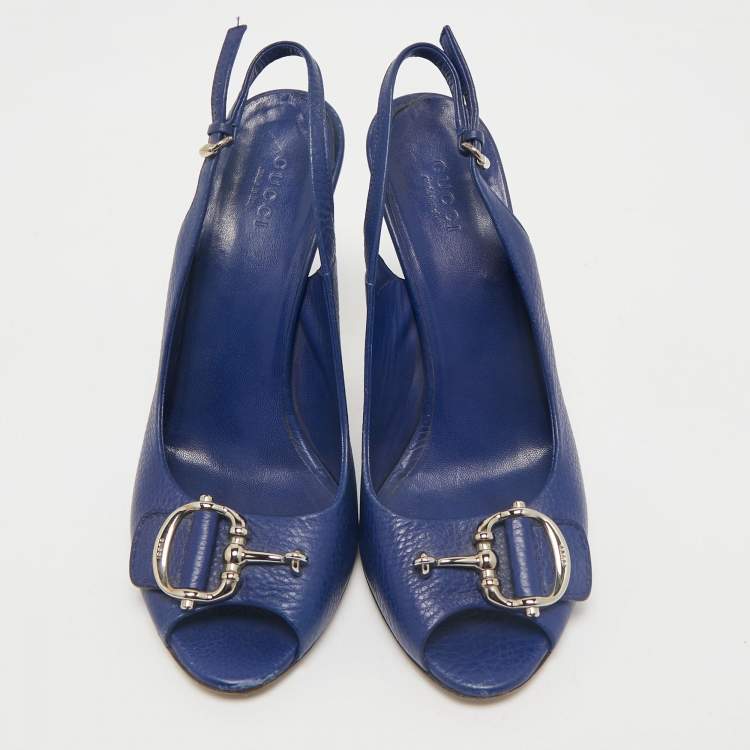 Pre Owned Gucci Blue Leather Horsebit Slingback Pumps Size 38