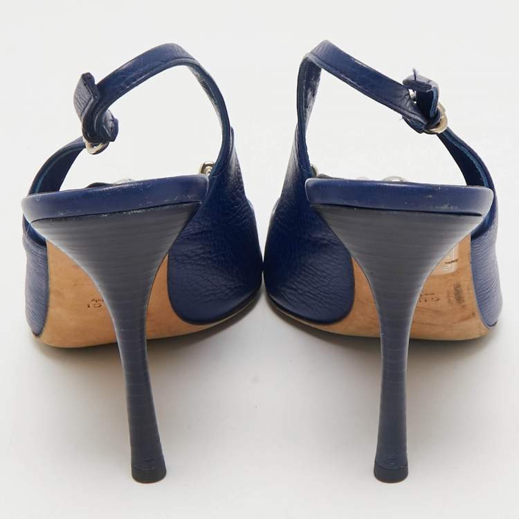 Pre Owned Gucci Blue Leather Horsebit Slingback Pumps Size 38