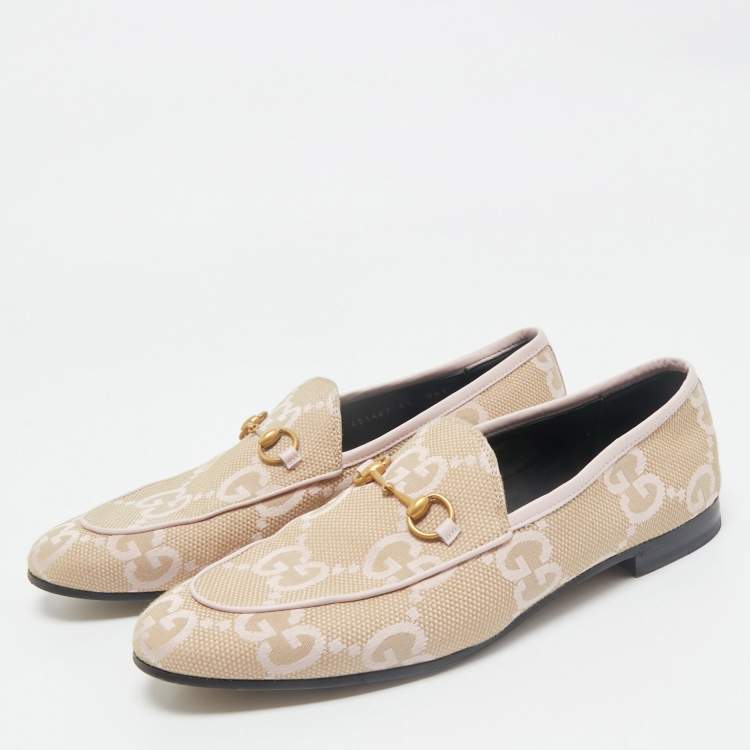 Pre Owned Gucci Beige/Pink GG Canvas and Leather Jordaan Horsebit Loafers Size 41
