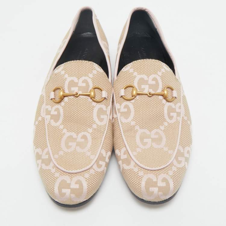 Pre Owned Gucci Beige/Pink GG Canvas and Leather Jordaan Horsebit Loafers Size 41