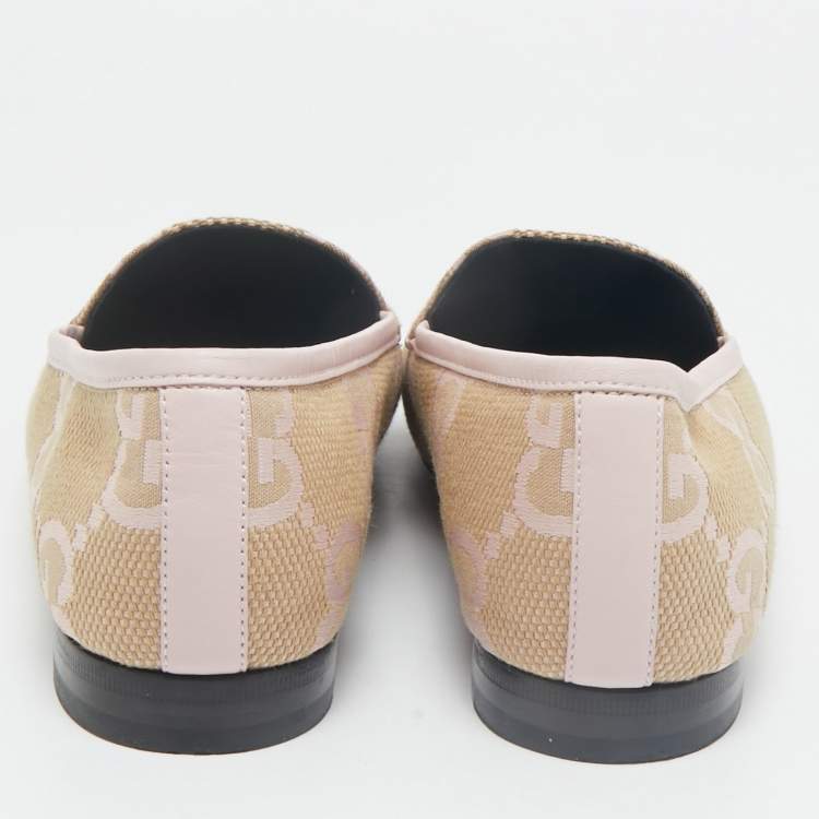 Pre Owned Gucci Beige/Pink GG Canvas and Leather Jordaan Horsebit Loafers Size 41