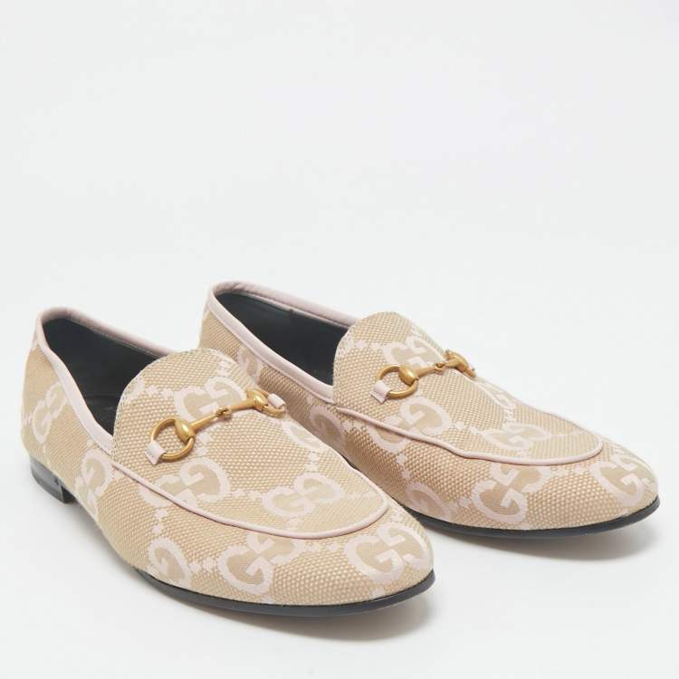 Pre Owned Gucci Beige/Pink GG Canvas and Leather Jordaan Horsebit Loafers Size 41