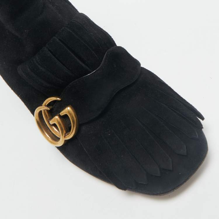 Pre Owned Gucci Black Suede GG Marmont Fringe Block Heel Ankle Length Boots Size 36