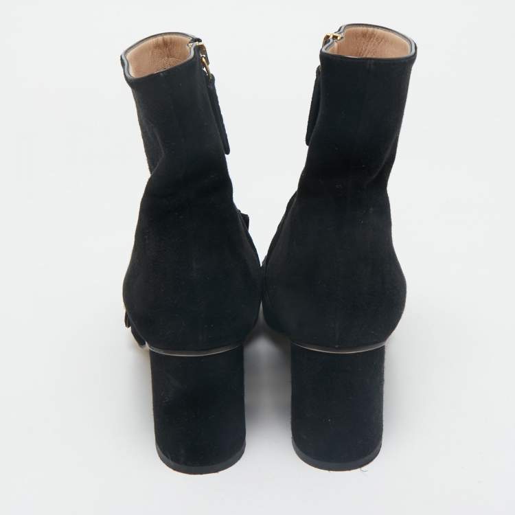 Pre Owned Gucci Black Suede GG Marmont Fringe Block Heel Ankle Length Boots Size 36