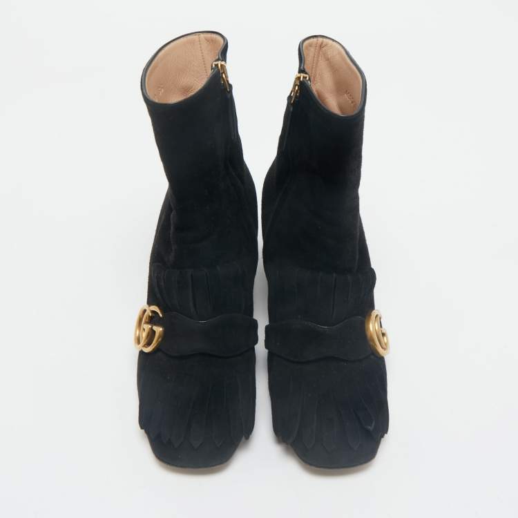Pre Owned Gucci Black Suede GG Marmont Fringe Block Heel Ankle Length Boots Size 36