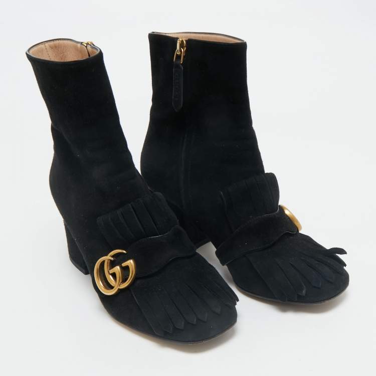 Pre Owned Gucci Black Suede GG Marmont Fringe Block Heel Ankle Length Boots Size 36