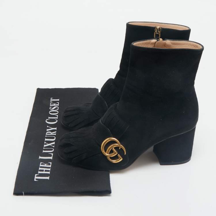 Pre Owned Gucci Black Suede GG Marmont Fringe Block Heel Ankle Length Boots Size 36