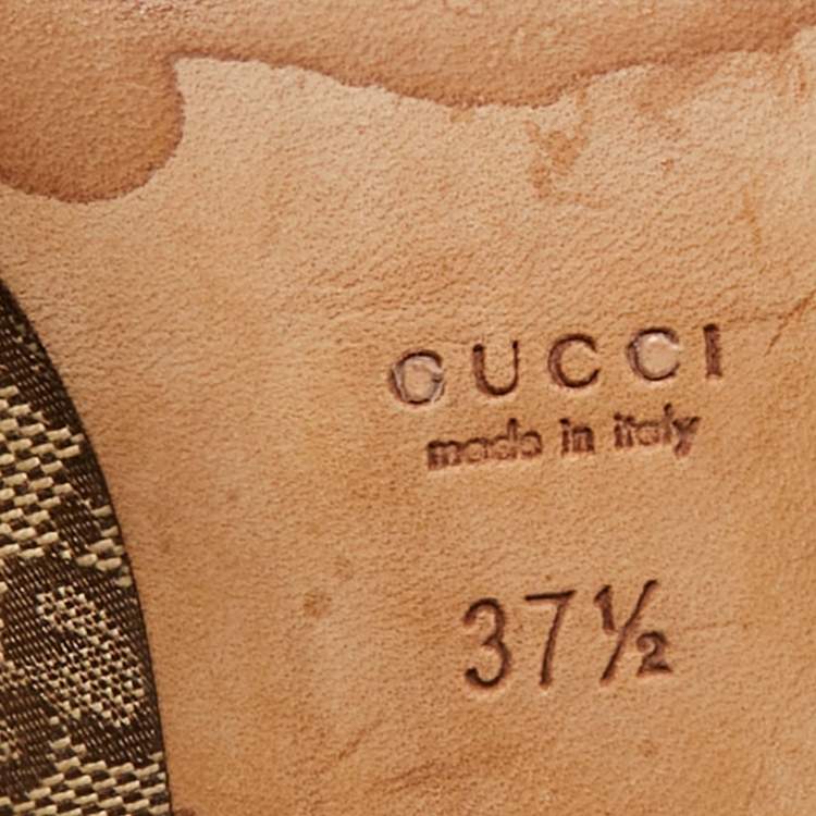 Pre Owned Gucci Beige/Brown GG Canvas and Leather Logo Peep Toe Pumps Size 37.5