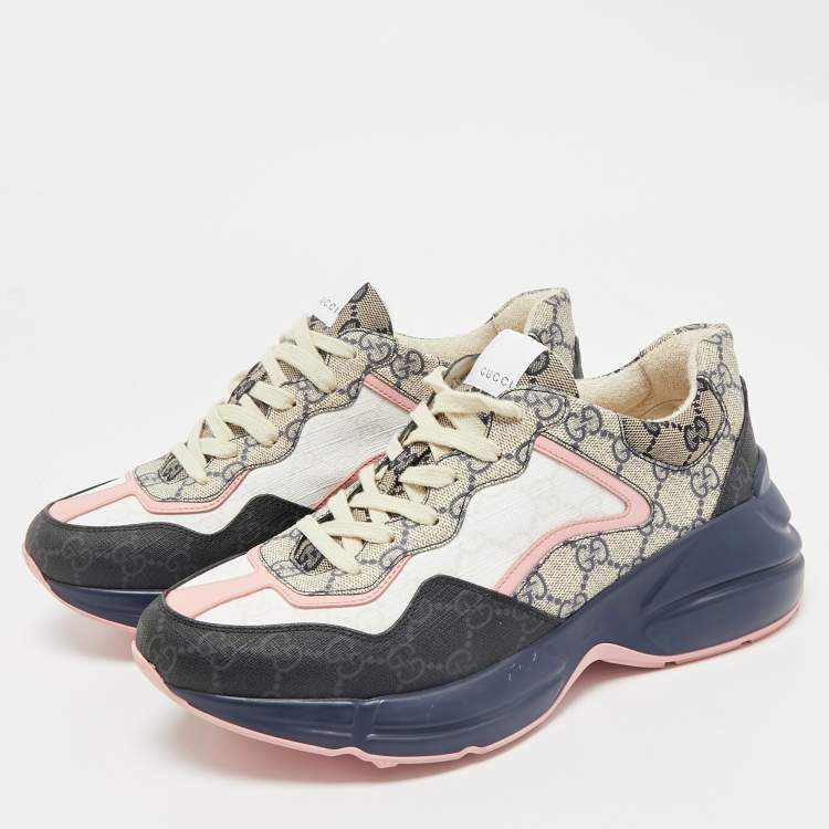 Pre Owned Gucci Multicolor GG Supreme Canvas and Leather Rhyton Sneakers Size 39.5