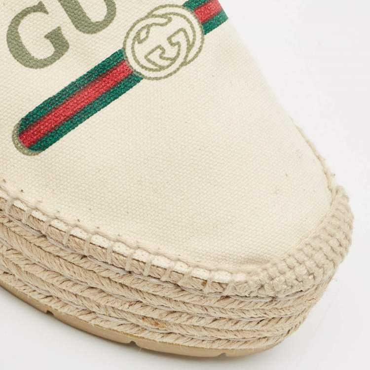 Pre Owned Gucci Off White Canvas Logo Platform Espadrille Flats Size 39.5