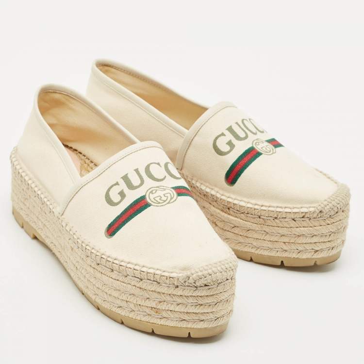 Pre Owned Gucci Off White Canvas Logo Platform Espadrille Flats Size 39.5