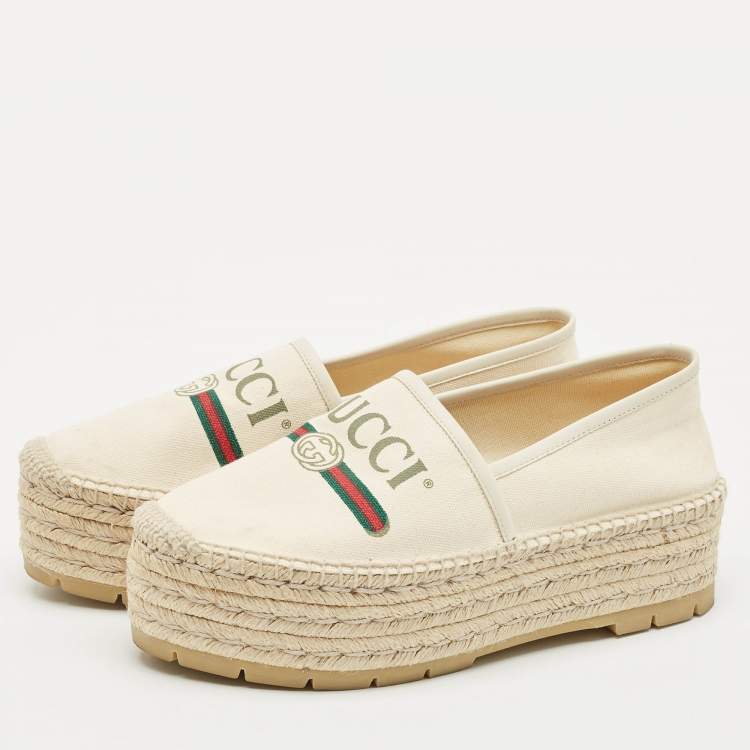 Pre Owned Gucci Off White Canvas Logo Platform Espadrille Flats Size 39.5