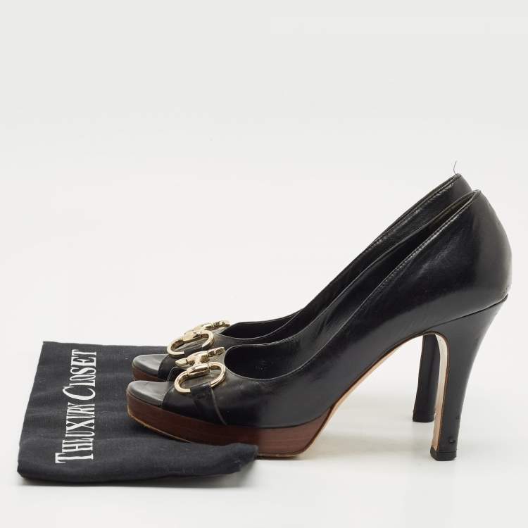 Pre Owned Gucci Black Leather Horsebit Peep Toe Platform Pumps Size 38