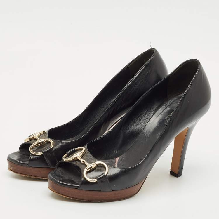 Pre Owned Gucci Black Leather Horsebit Peep Toe Platform Pumps Size 38
