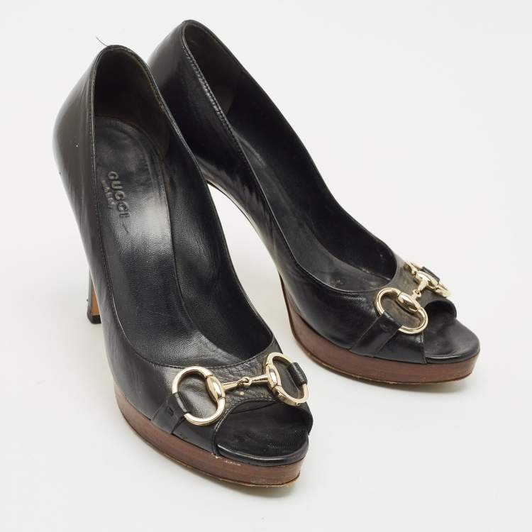 Pre Owned Gucci Black Leather Horsebit Peep Toe Platform Pumps Size 38
