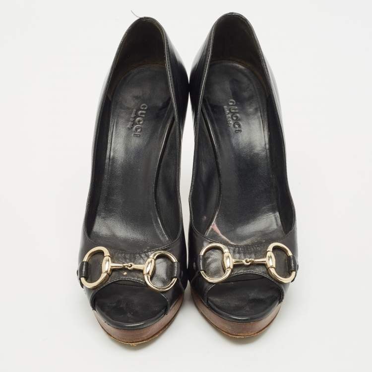 Pre Owned Gucci Black Leather Horsebit Peep Toe Platform Pumps Size 38