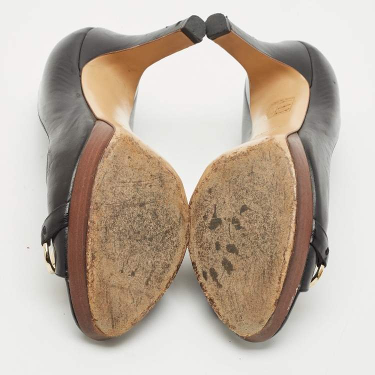 Pre Owned Gucci Black Leather Horsebit Peep Toe Platform Pumps Size 38