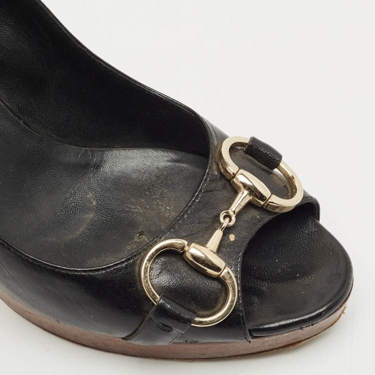 Pre Owned Gucci Black Leather Horsebit Peep Toe Platform Pumps Size 38