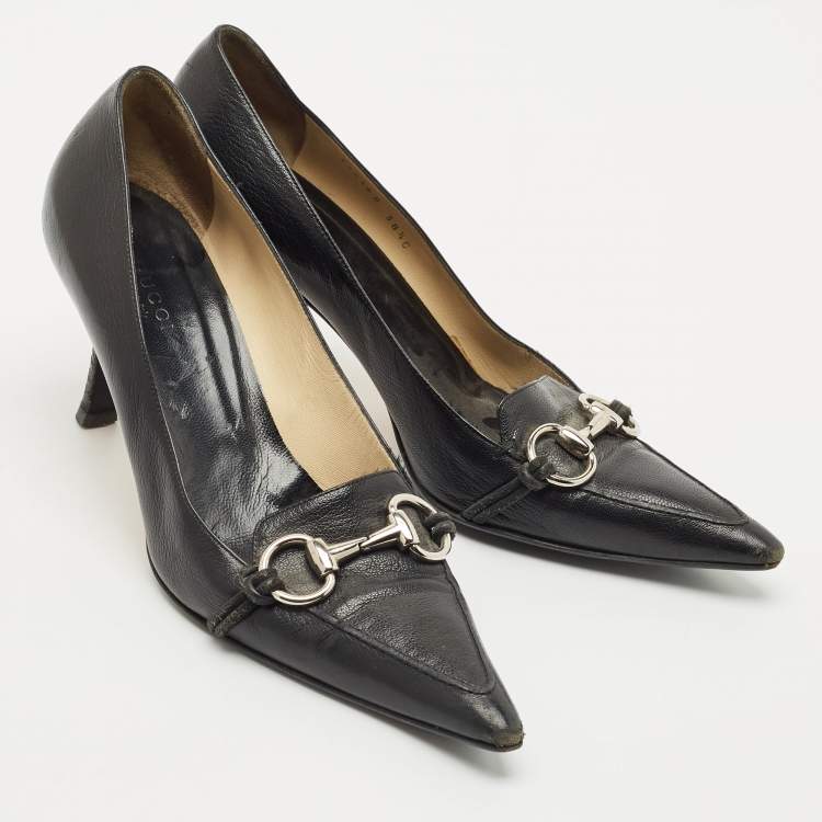 Pre Owned Gucci Black GG Leather Horsebit Pointed Toe Pumps Size 38.5