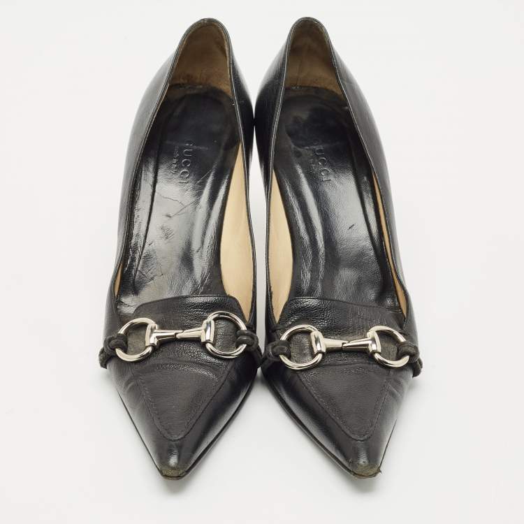 Pre Owned Gucci Black GG Leather Horsebit Pointed Toe Pumps Size 38.5