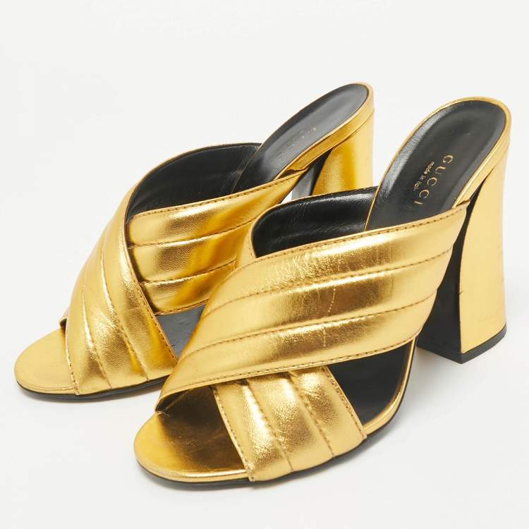 Pre Owned Gucci Metallic Gold Leather Webby Slide Sandals Size 39.5