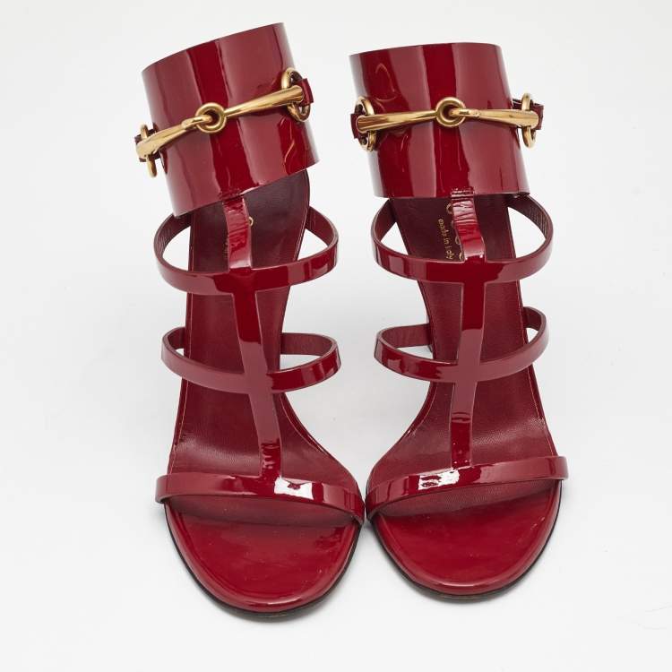 Pre Owned Gucci Burgundy Patent Leather Horsebit Ursula Sandals Size 35