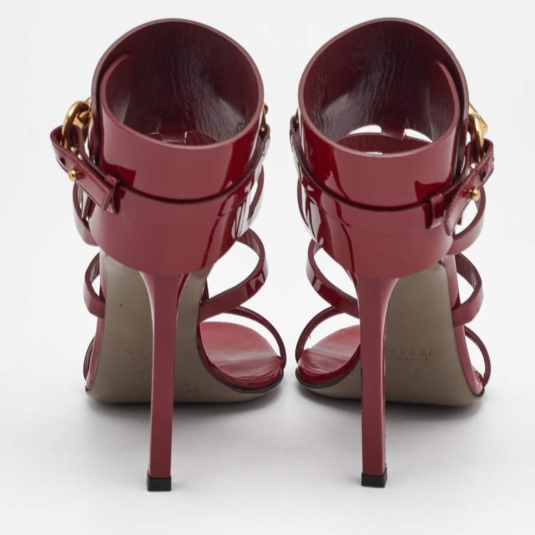 Pre Owned Gucci Burgundy Patent Leather Horsebit Ursula Sandals Size 35