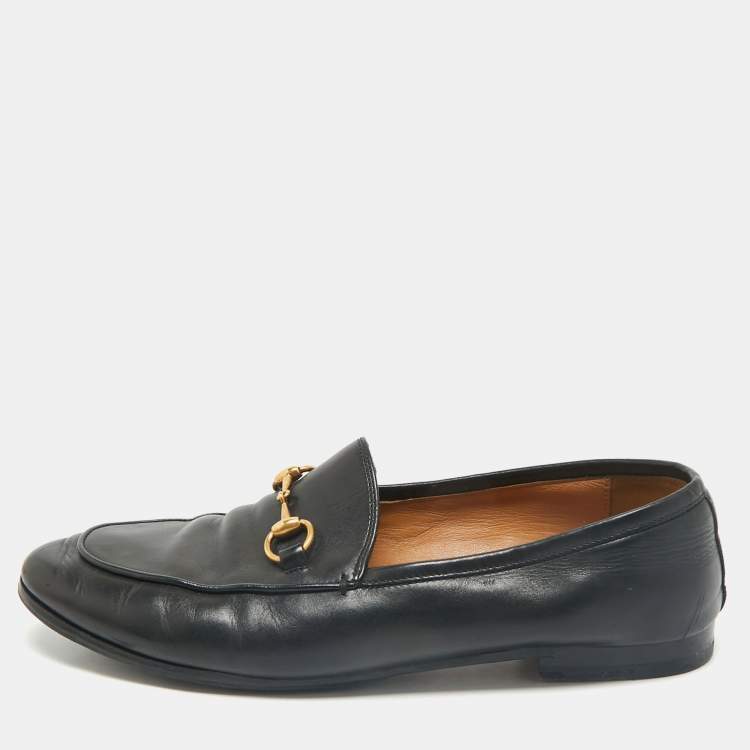 Pre Owned Gucci Black Leather Horsebit Jordaan Loafers Size 37.5