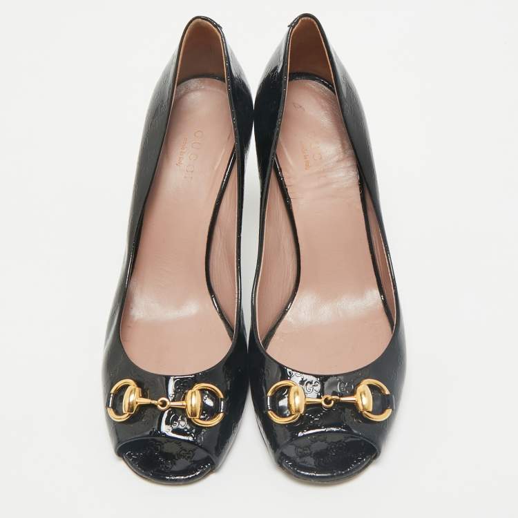 Pre Owned Gucci Black Micro Guccissima Patent Leather Horsebit Peep Toe Pumps Size 36.5