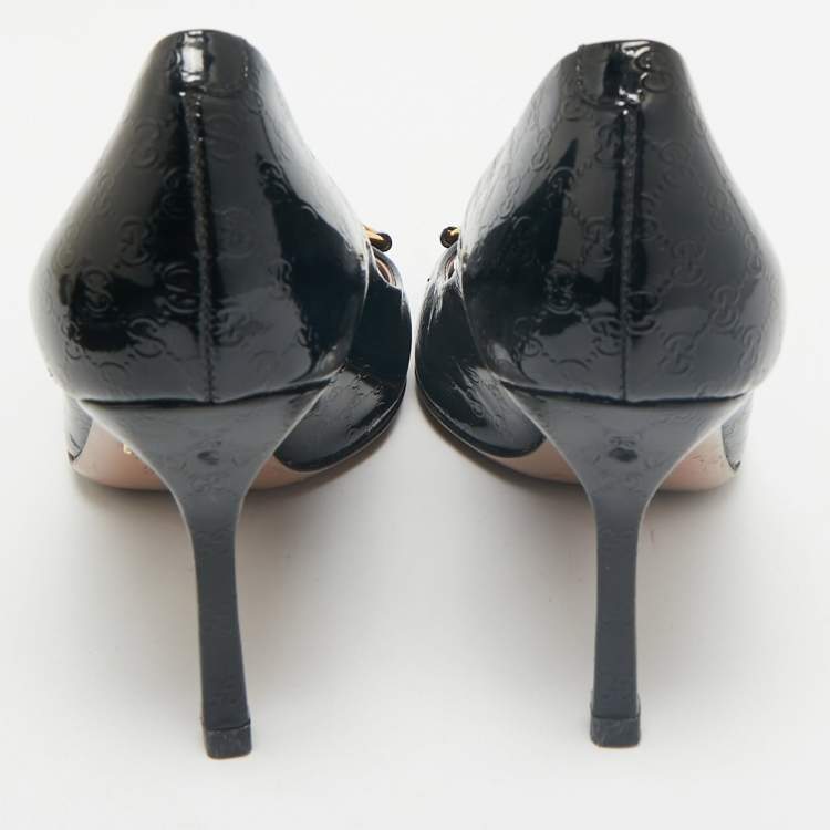 Pre Owned Gucci Black Micro Guccissima Patent Leather Horsebit Peep Toe Pumps Size 36.5