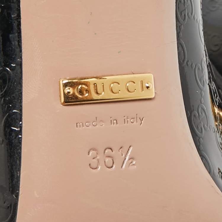 Pre Owned Gucci Black Micro Guccissima Patent Leather Horsebit Peep Toe Pumps Size 36.5