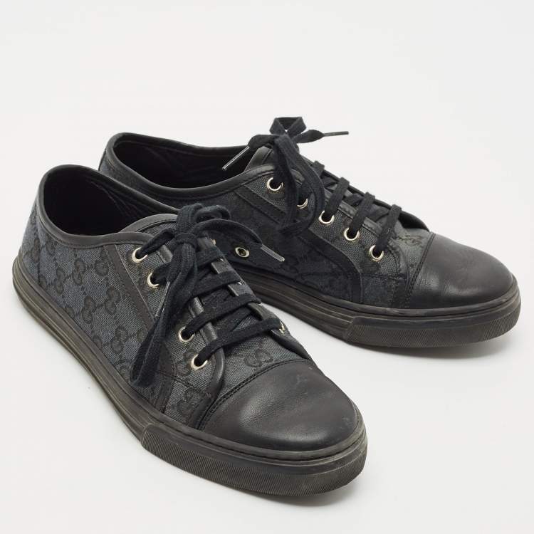 Pre Owned Gucci Black/Blue Leather And GG Canvas Cap Toe Low Top Sneakers Size 38.5